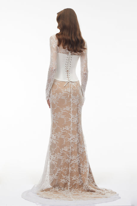 Aurohaya Bethany White Asymmetrical Lace Maxi Dress