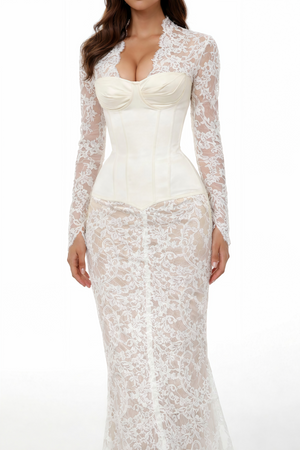 Aurohaya Bethany White Asymmetrical Lace Maxi Dress