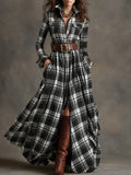 Retro Lapel Plaid Single-Breasted Maxi Dress