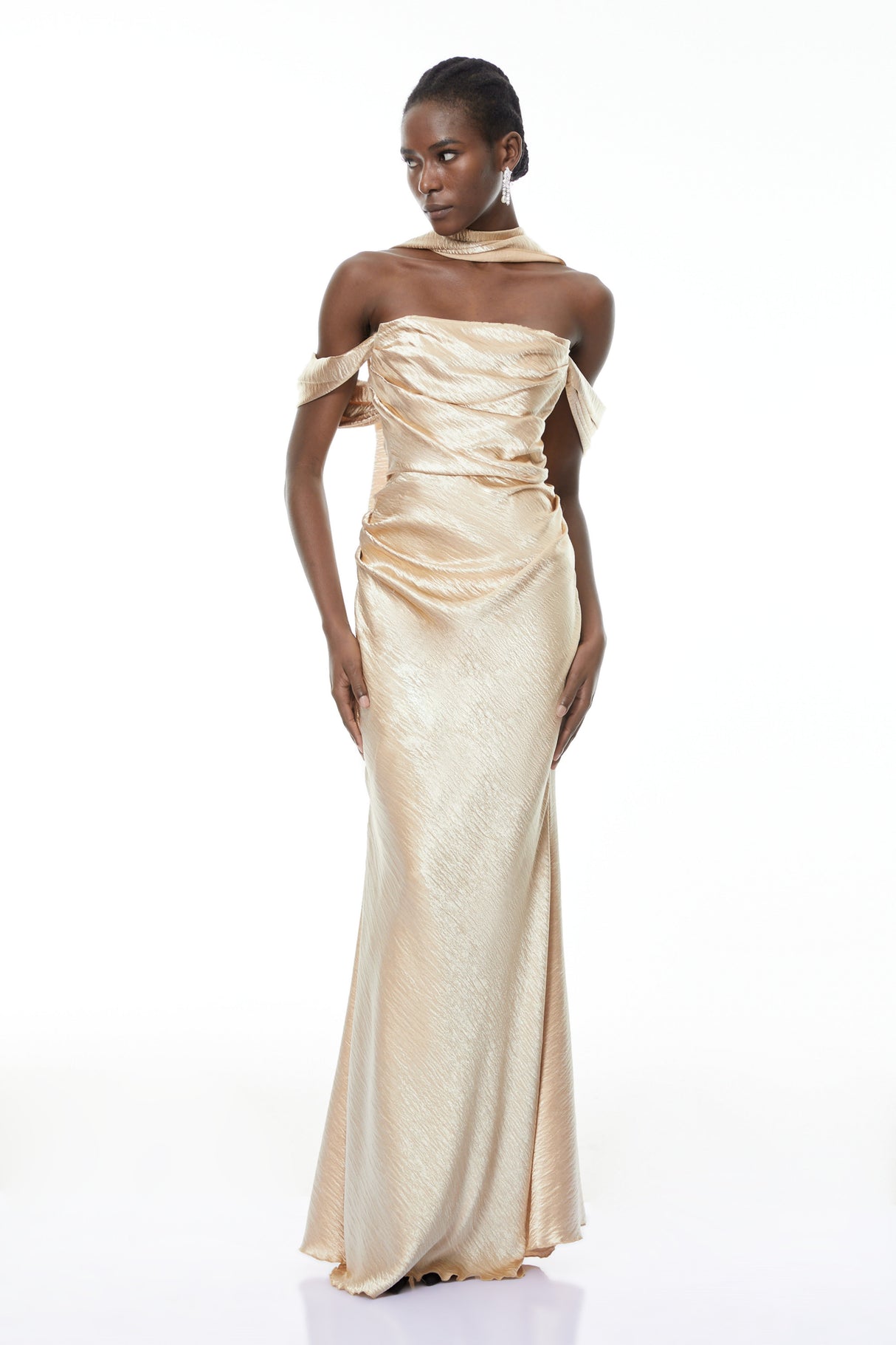 Aurohaya Blanche Gold Off Shoulder Mermaid Maxi Dress