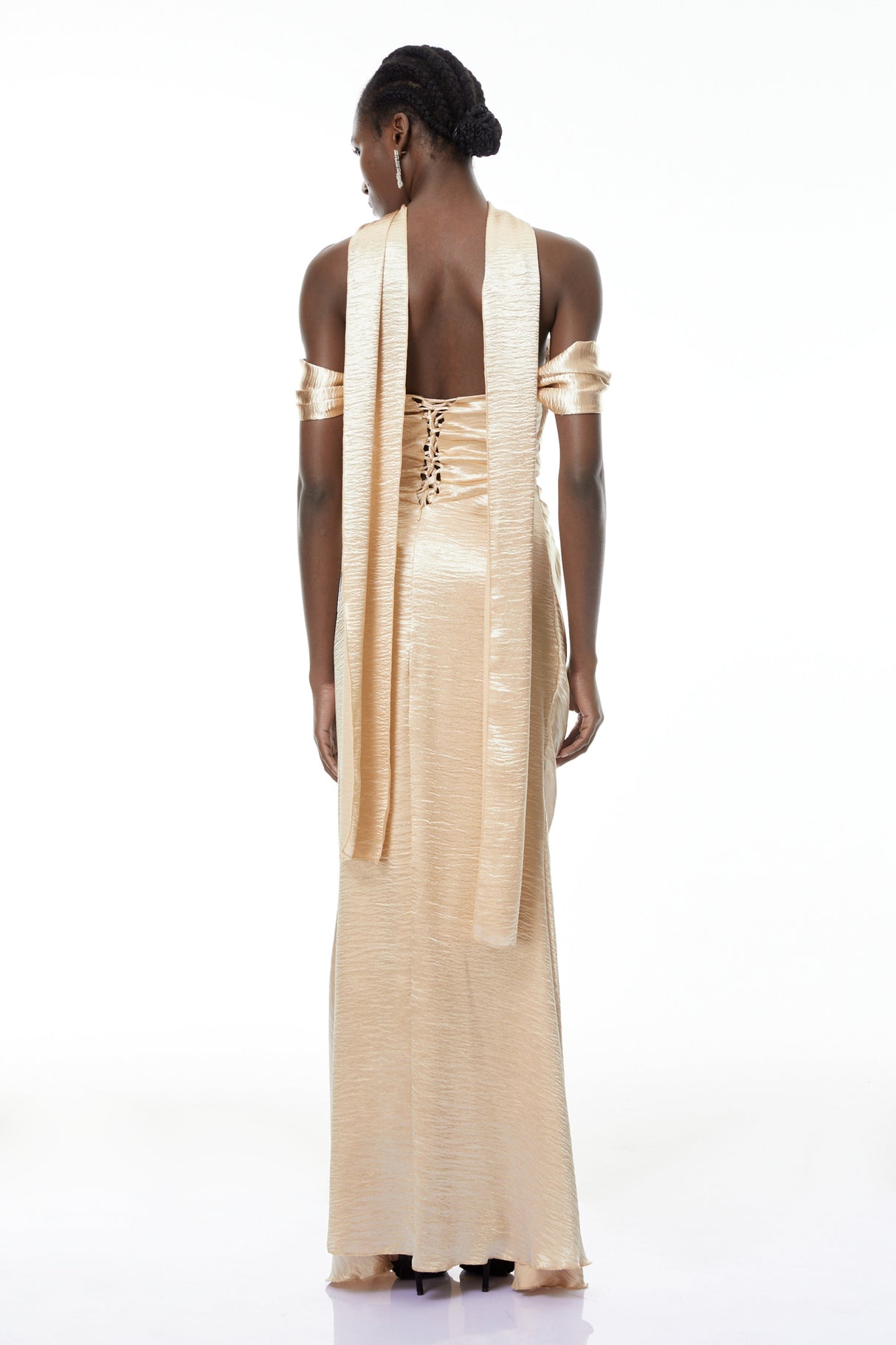 Aurohaya Blanche Gold Off Shoulder Mermaid Maxi Dress