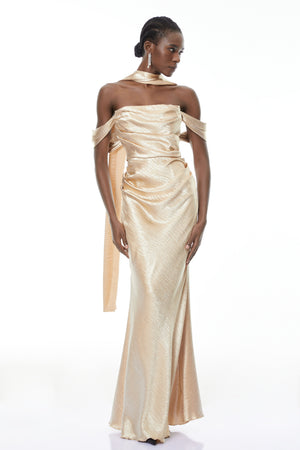 Aurohaya Blanche Gold Off Shoulder Mermaid Maxi Dress