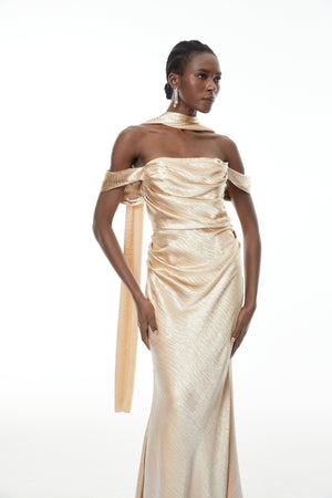 Aurohaya Blanche Gold Off Shoulder Mermaid Maxi Dress