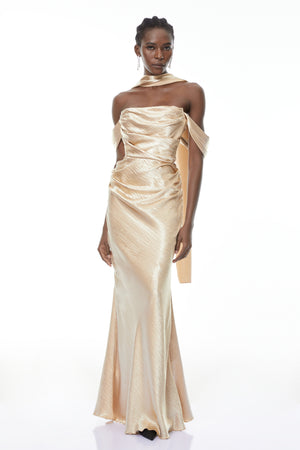 Aurohaya Blanche Gold Off Shoulder Mermaid Maxi Dress