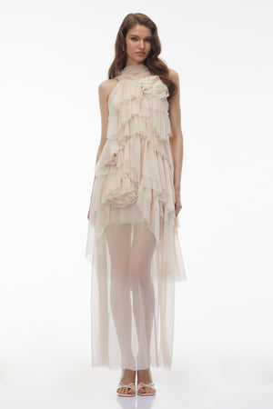 Aurohaya Blanche Neutral Floral Ruffled Maxi Dress