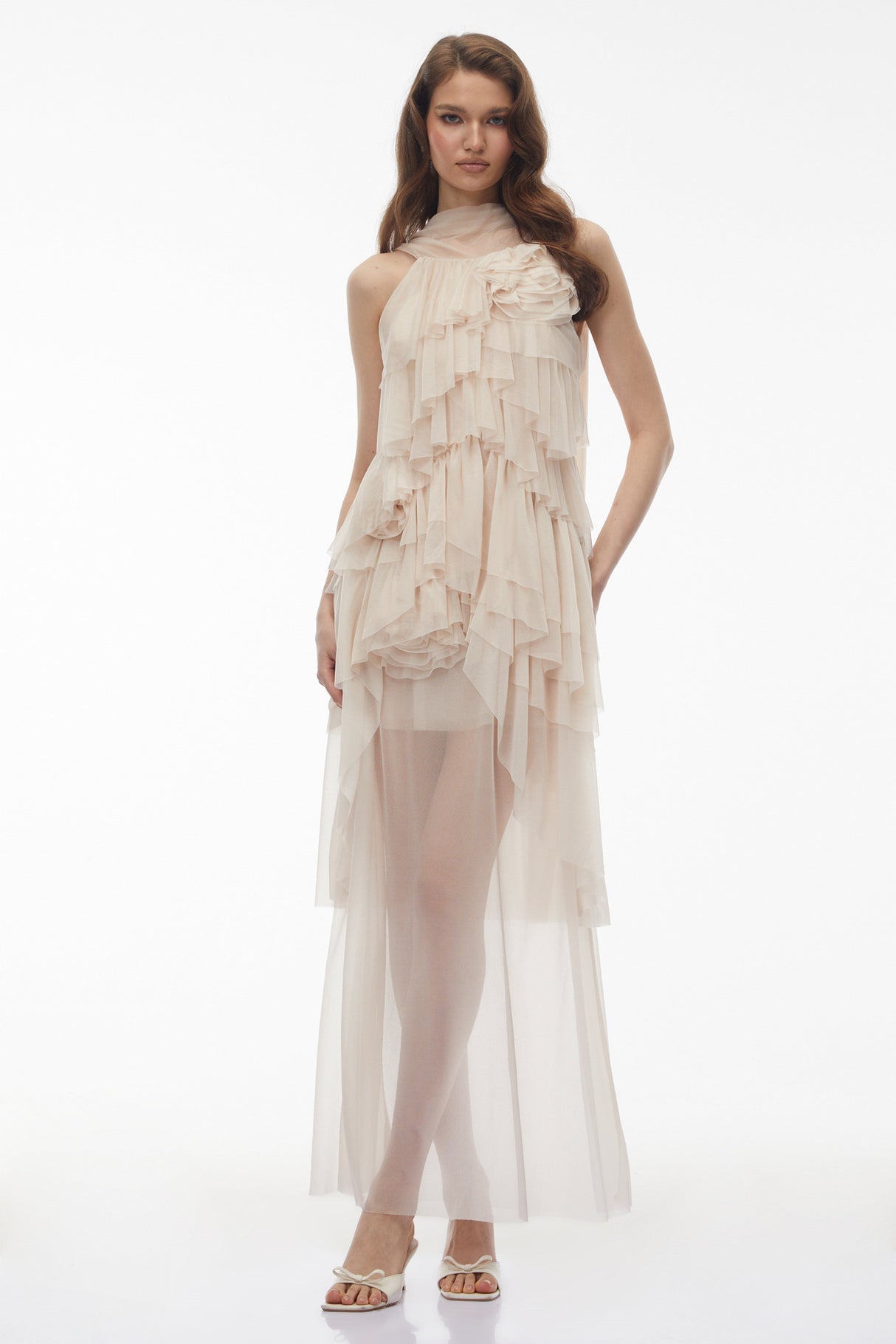 Aurohaya Blanche Neutral Floral Ruffled Maxi Dress