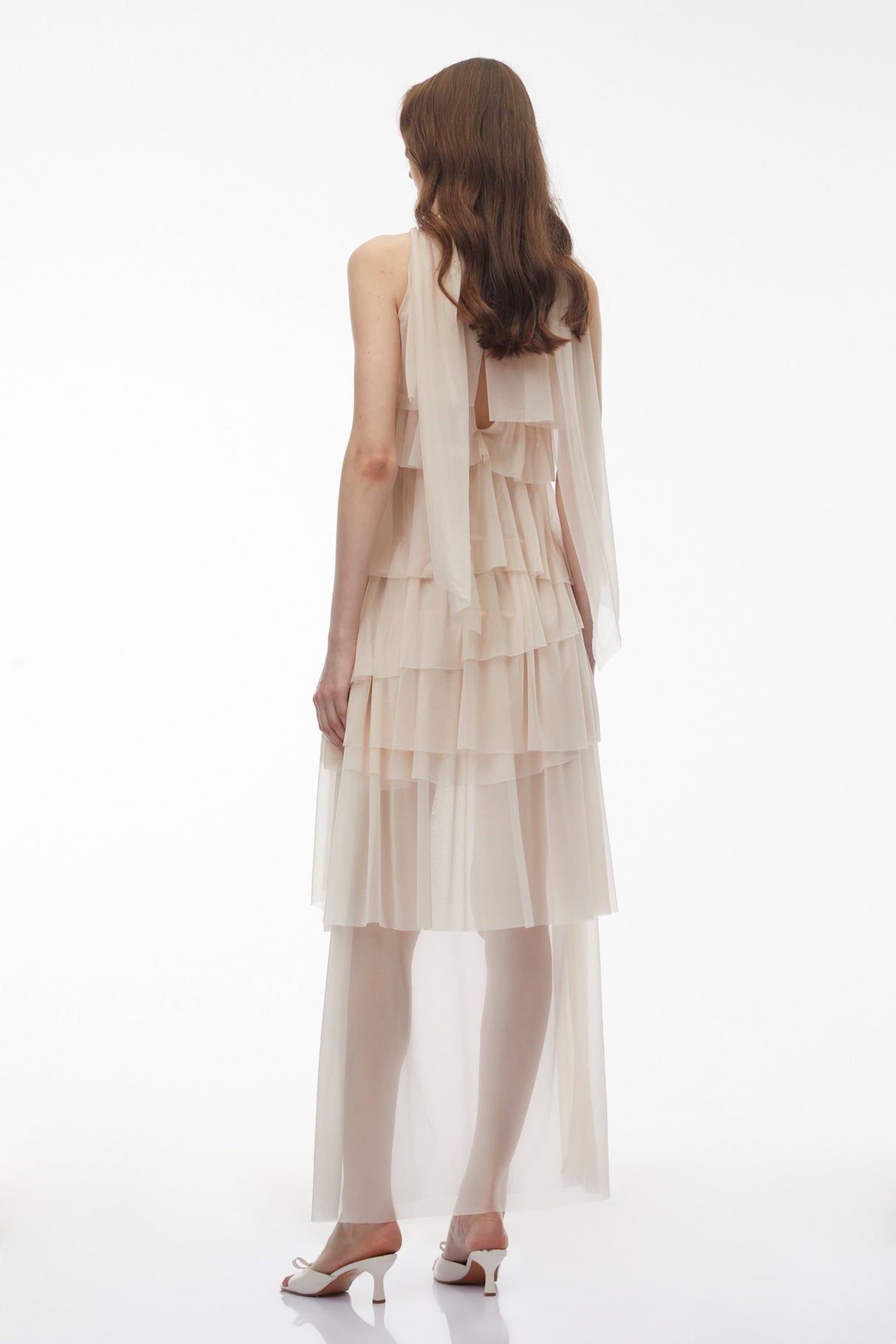 Aurohaya Blanche Neutral Floral Ruffled Maxi Dress