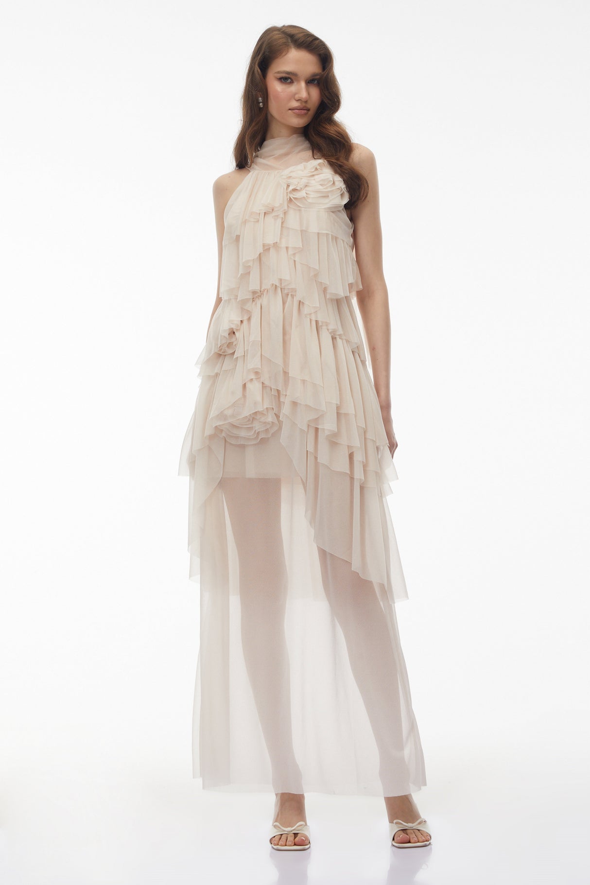 Aurohaya Blanche Neutral Floral Ruffled Maxi Dress