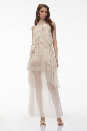 Aurohaya Blanche Neutral Floral Ruffled Maxi Dress