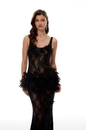 Aurohaya Bloem Black 3D Floral Applique Lace Maxi Dress
