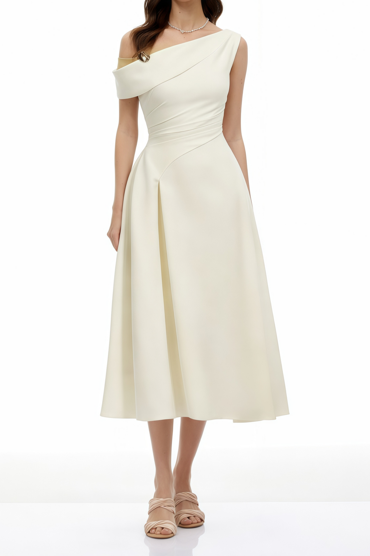 Aurohaya Blossom White One Shoulder Ruched Midi Dress