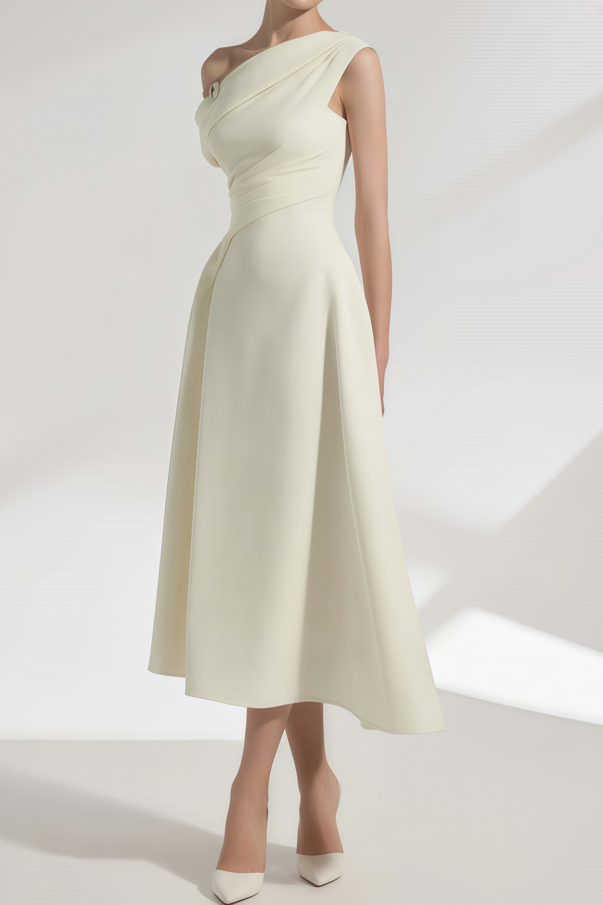 Aurohaya Blossom White One Shoulder Ruched Midi Dress