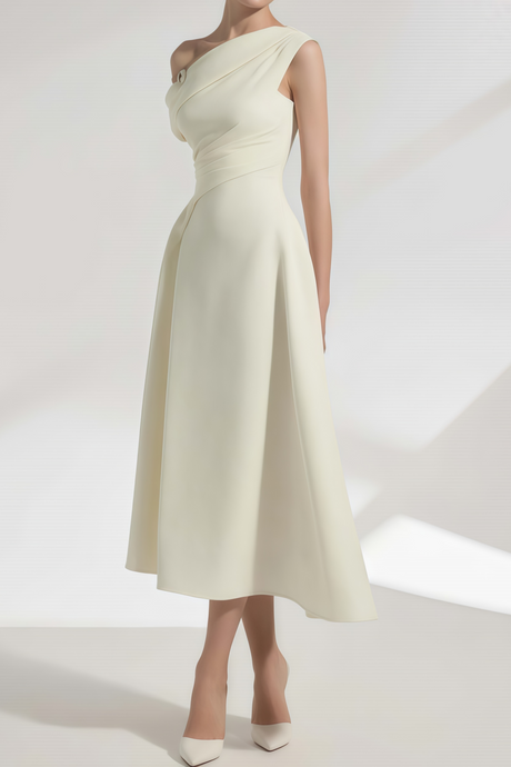 Aurohaya Blossom White One Shoulder Ruched Midi Dress