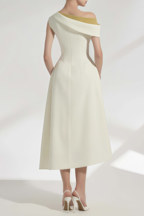 Aurohaya Blossom White One Shoulder Ruched Midi Dress