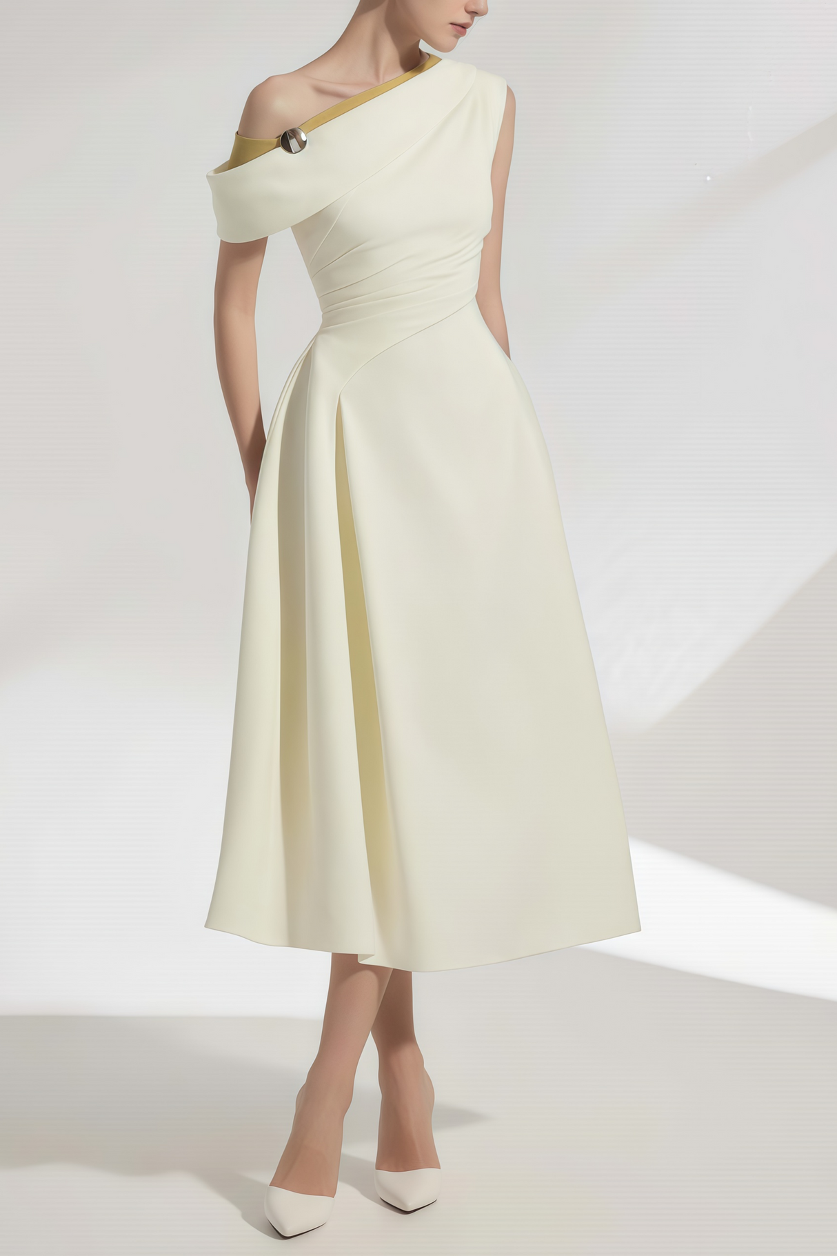 Aurohaya Blossom White One Shoulder Ruched Midi Dress