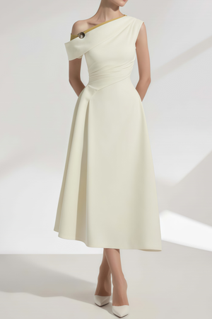Aurohaya Blossom White One Shoulder Ruched Midi Dress