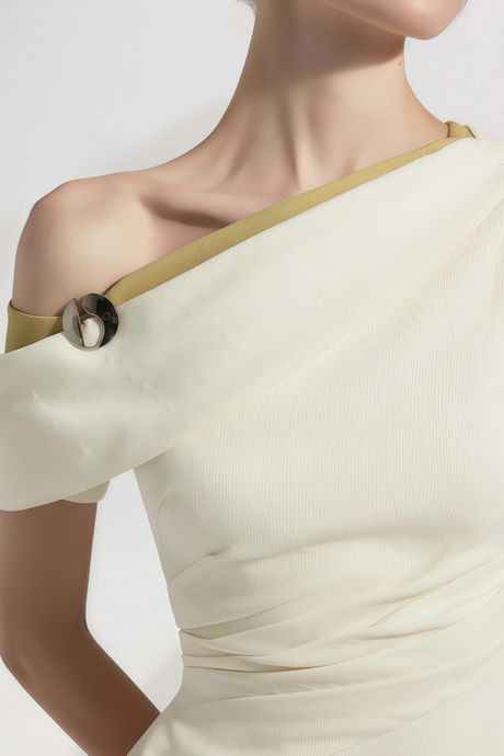 Aurohaya Blossom White One Shoulder Ruched Midi Dress