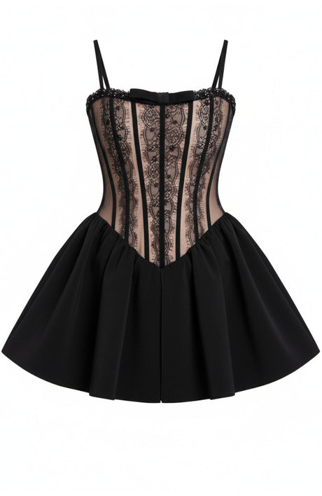 Bow Detail Lace A Line Dress Black