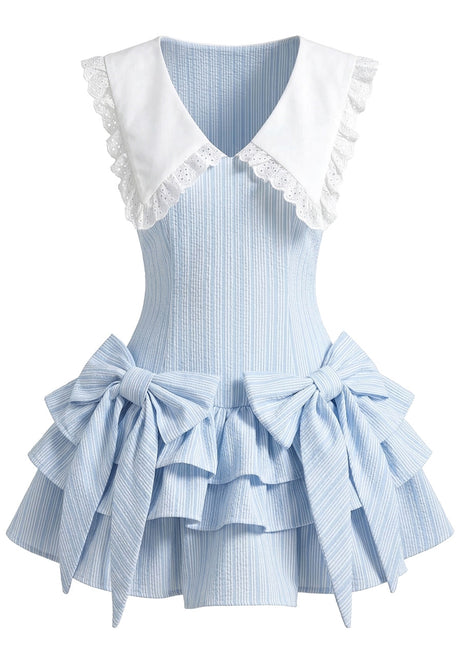 Bow Detail Striped Ruffle Dress Blue White