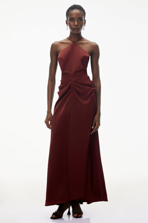 Aurohaya Bozhena Red Halterneck Ruched Maxi Dress
