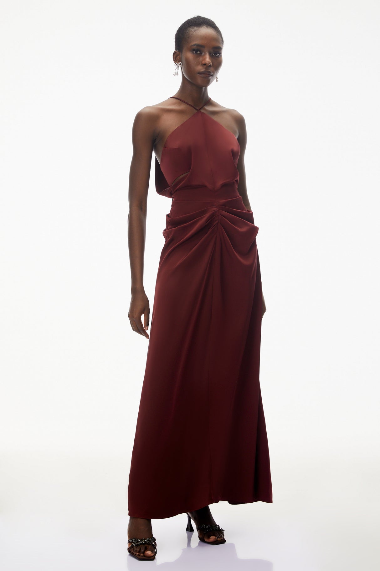 Aurohaya Bozhena Red Halterneck Ruched Maxi Dress
