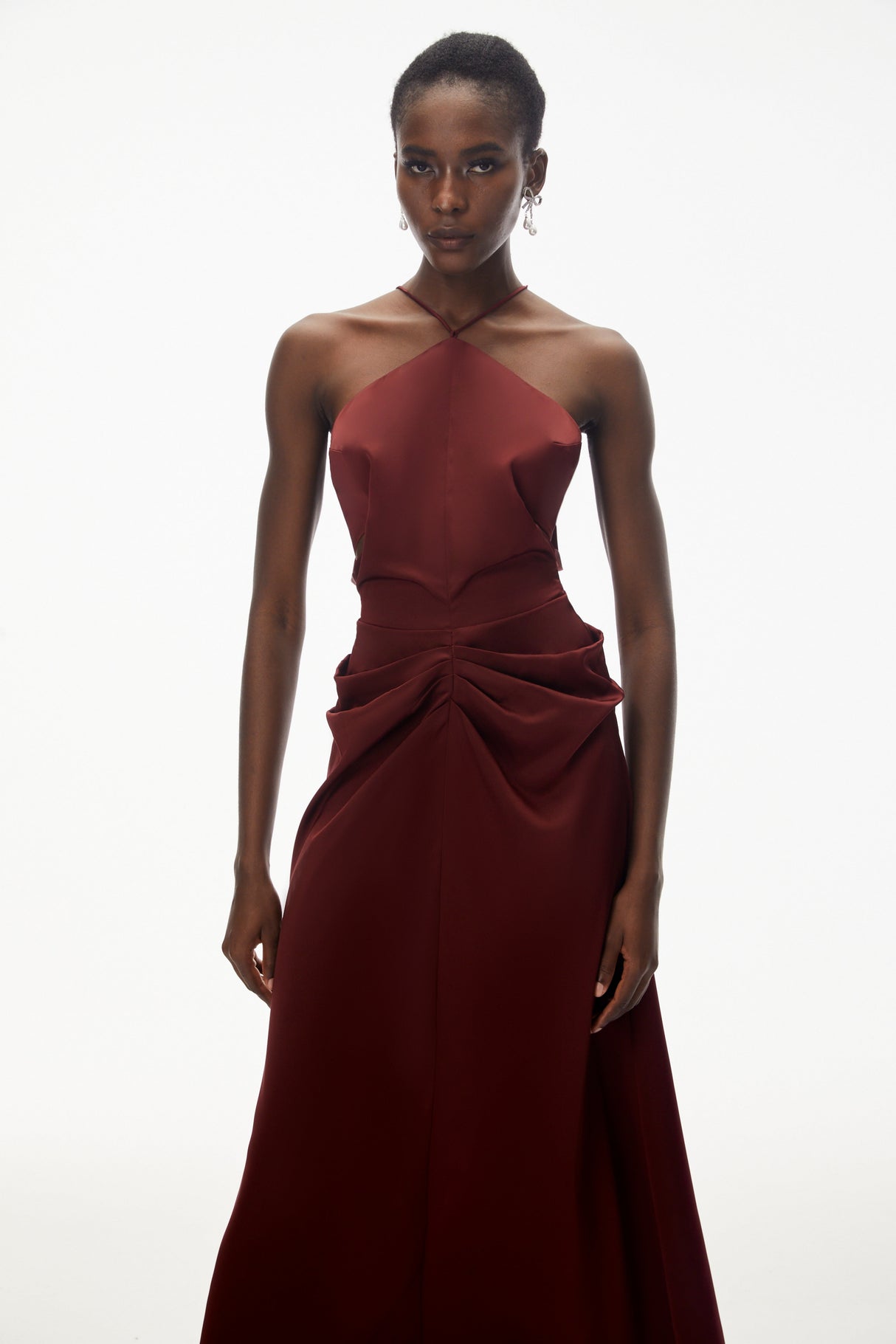 Aurohaya Bozhena Red Halterneck Ruched Maxi Dress
