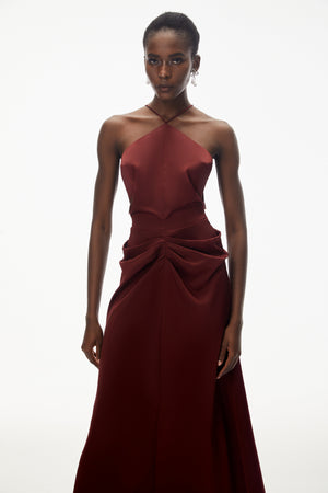 Aurohaya Bozhena Red Halterneck Ruched Maxi Dress