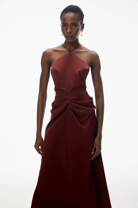 Aurohaya Bozhena Red Halterneck Ruched Maxi Dress