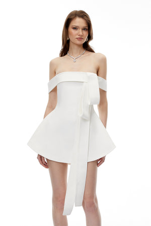 Aurohaya Bracha White Off Shoulder Mini Dress with Bow