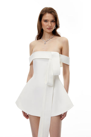 Aurohaya Bracha White Off Shoulder Mini Dress with Bow