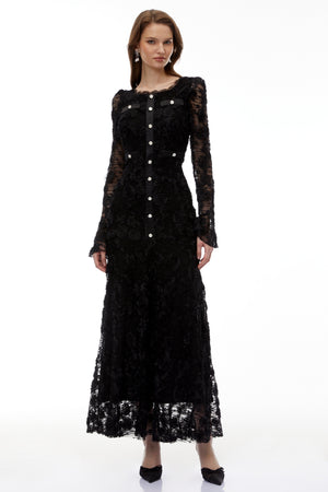 Aurohaya Branwen Black 3D-Floral Embroidered Lace Maxi Dress