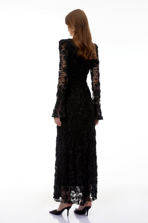 Aurohaya Branwen Black 3D-Floral Embroidered Lace Maxi Dress
