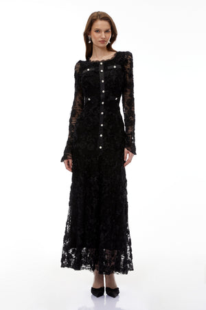 Aurohaya Branwen Black 3D-Floral Embroidered Lace Maxi Dress