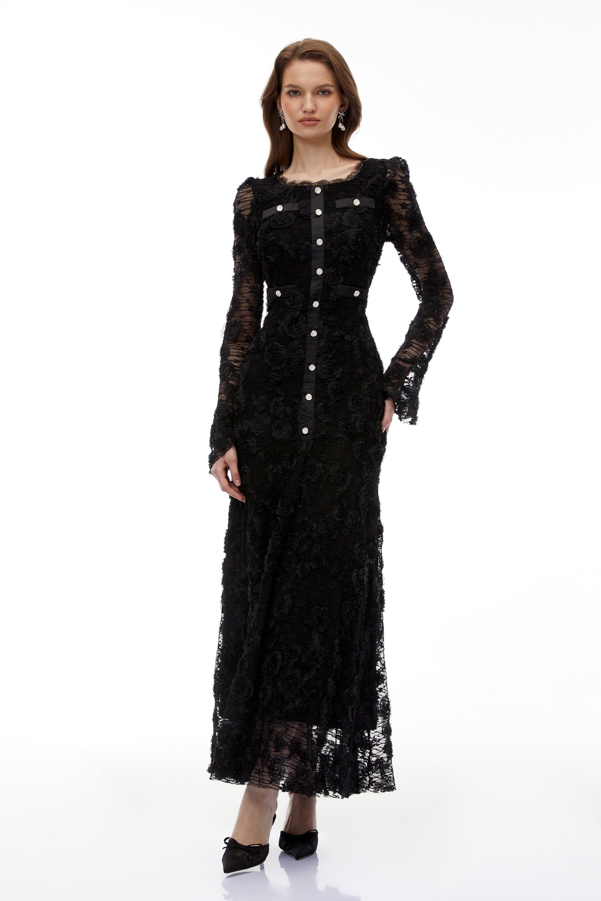 Aurohaya Branwen Black 3D-Floral Embroidered Lace Maxi Dress