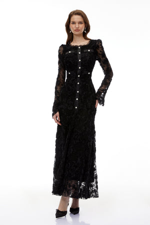 Aurohaya Branwen Black 3D-Floral Embroidered Lace Maxi Dress