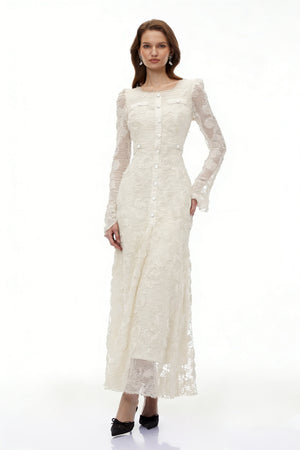 Aurohaya Branwen Neutral 3D-Floral Embroidered Lace Maxi Dress