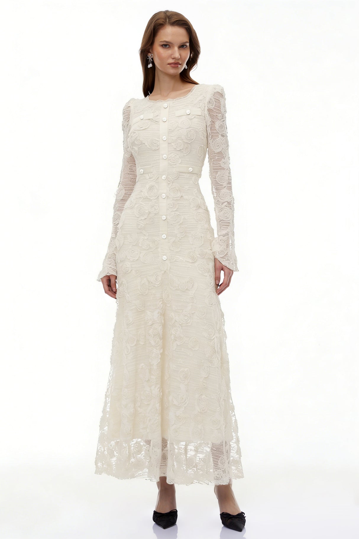 Aurohaya Branwen Neutral 3D-Floral Embroidered Lace Maxi Dress