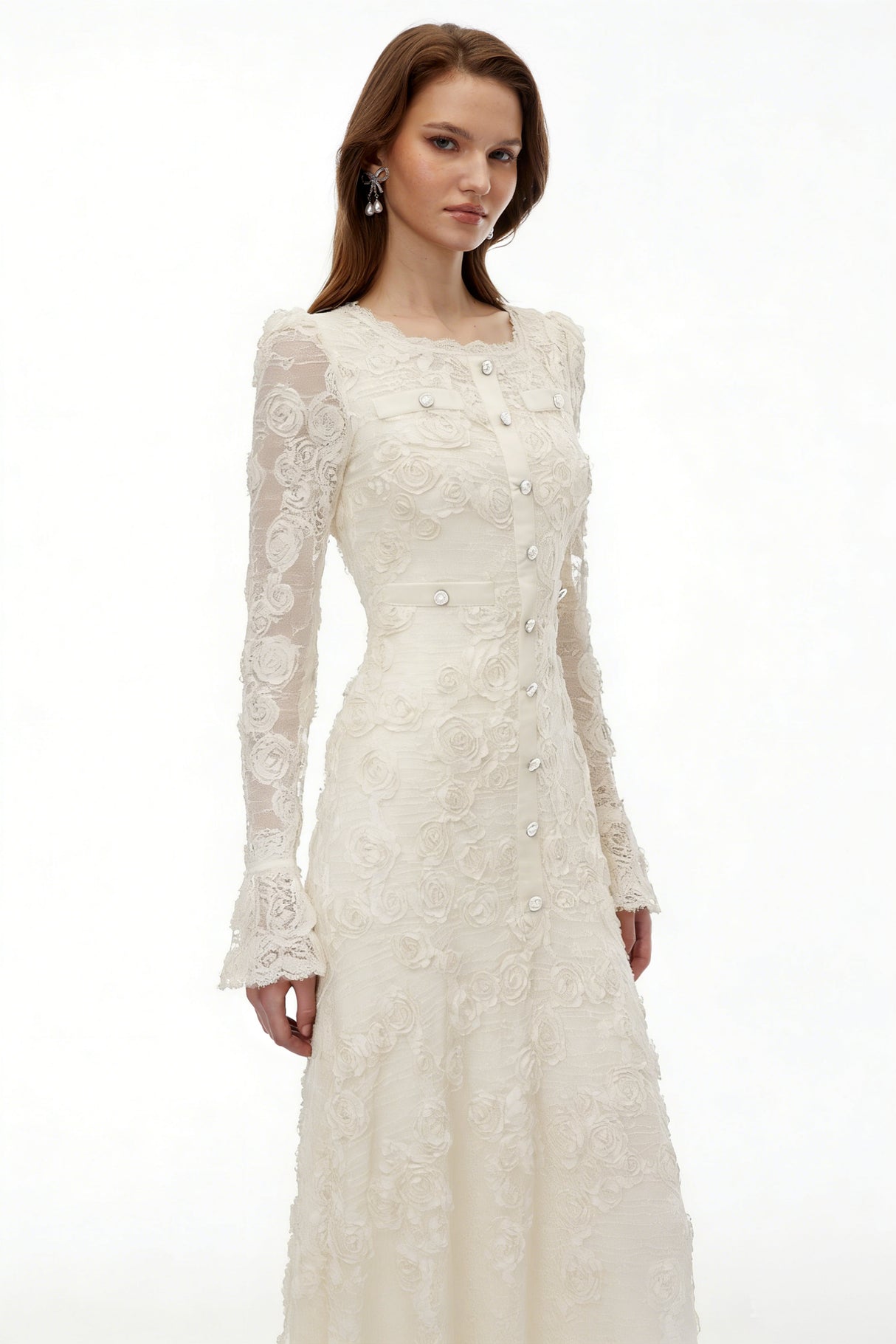 Aurohaya Branwen Neutral 3D-Floral Embroidered Lace Maxi Dress