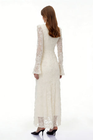 Aurohaya Branwen Neutral 3D-Floral Embroidered Lace Maxi Dress