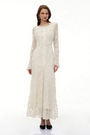 Aurohaya Branwen Neutral 3D-Floral Embroidered Lace Maxi Dress