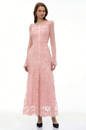 Aurohaya Branwen Pink 3D-Floral Embroidered Lace Maxi Dress