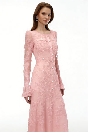 Aurohaya Branwen Pink 3D-Floral Embroidered Lace Maxi Dress