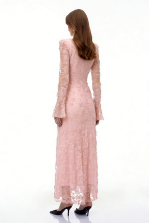 Aurohaya Branwen Pink 3D-Floral Embroidered Lace Maxi Dress