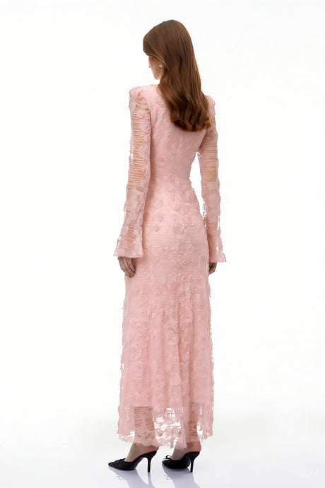 Aurohaya Branwen Pink 3D-Floral Embroidered Lace Maxi Dress