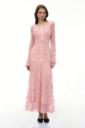 Aurohaya Branwen Pink 3D-Floral Embroidered Lace Maxi Dress