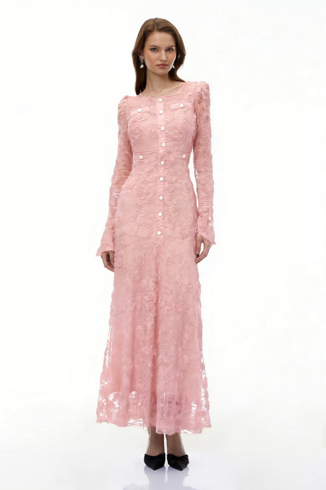 Aurohaya Branwen Pink 3D-Floral Embroidered Lace Maxi Dress