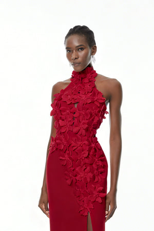 Aurohaya Brian Red Halterneck 3D Petal Maxi Dress