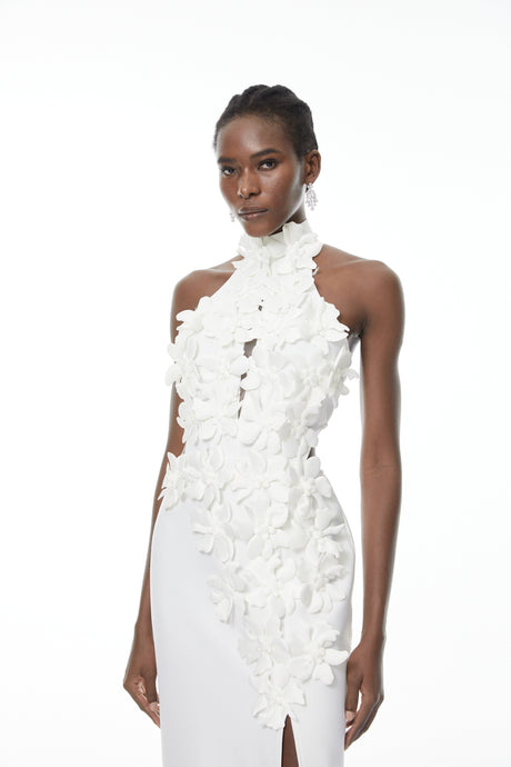 Aurohaya Brian White Halterneck 3D Petal Maxi Dress