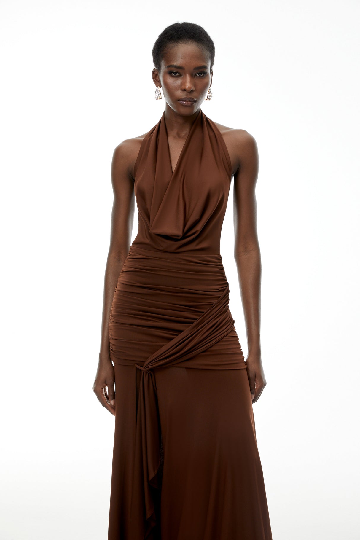 Aurohaya Brianna Chocolate Brown Halterneck Ruched Maxi Dress