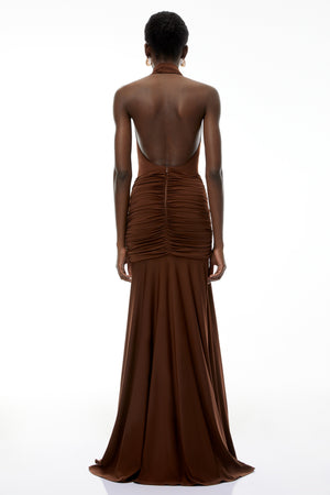 Aurohaya Brianna Chocolate Brown Halterneck Ruched Maxi Dress
